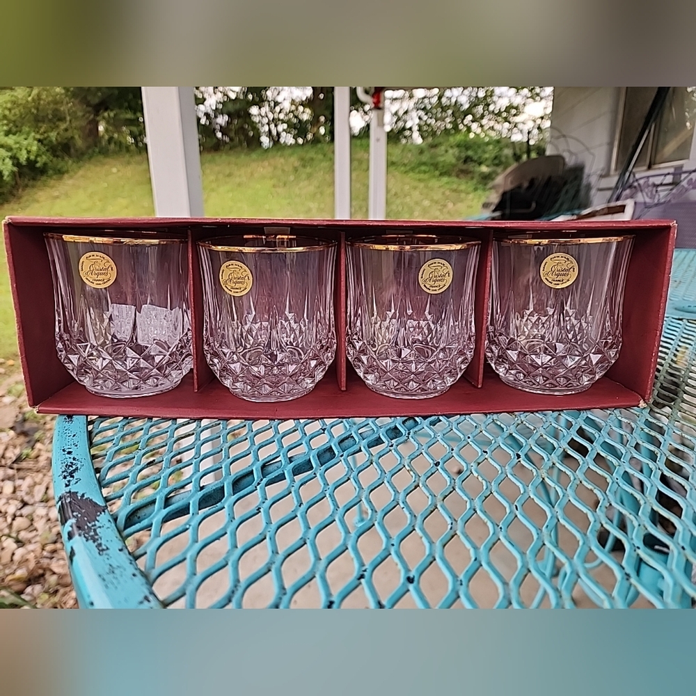 Cristal D'Arques-Durand Longchamp Gold Rimmed Glasses set of 4 whiskey 3.5" Tall